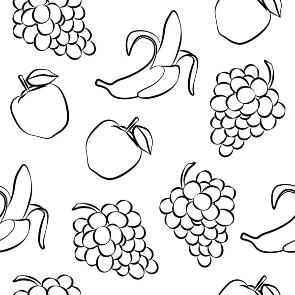 Stock vector Fruit background. Grapes, apples and bananas on a white background. Seamless background with fruits and berries. Endless background with products. Outline drawings