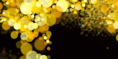 Siyah arka planda altın renkleri var. Şenlik arka planı. Siyah arka planda bulanık altın bokeh. Yeni yıl. Siyah arkaplana düşen parlak altın parçacıkları