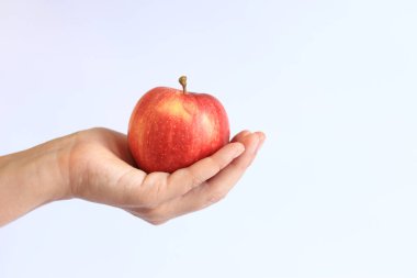 Hafif arka planda bir kadının elinde olgun bir elma. Elmalı bir elin yakın çekimi. Hasat et. Sağlıklı beslenme, vitamin ve diyet kavramı. Meyveler. Beyaz kadın eli bir elma gösteriyor.