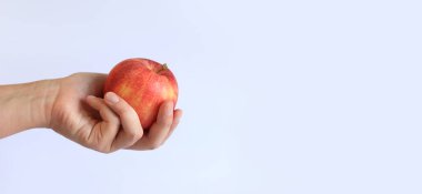 Hafif arka planda bir kadının elinde olgun bir elma. Elmalı bir elin yakın çekimi. Hasat et. Sağlıklı beslenme, vitamin ve diyet kavramı. Meyveler. Beyaz kadın eli bir elma gösteriyor.