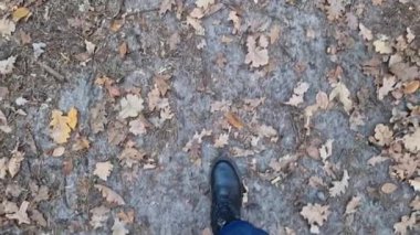 Kotlu kadın bacakları ve sonbahar botları sarı sonbahar yapraklarıyla kaplı bir orman yolunda yürüyor. Yere düşen yapraklarla kaplı birinci şahıs görüntüsü. Parkta yürü. Turizm