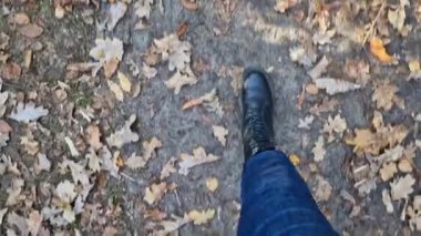 Kotlu kadın bacakları ve sonbahar botları sarı sonbahar yapraklarıyla kaplı bir orman yolunda yürüyor. Yere düşen yapraklarla kaplı birinci şahıs görüntüsü. Parkta yürü. Turizm