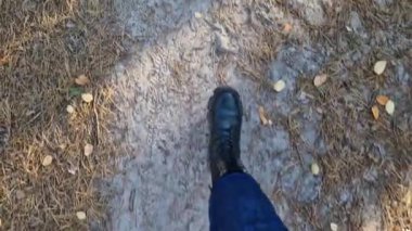 Kotlu kadın bacakları ve sonbahar botları sarı sonbahar yapraklarıyla kaplı bir orman yolunda yürüyor. Yere düşen yapraklarla kaplı birinci şahıs görüntüsü. Parkta yürü. Turizm