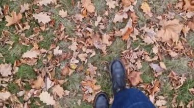 Sarı sonbahar yapraklarıyla kaplı çimenlerin üzerinde yürüyen bacaklar. Kotlu ve sonbahar botlu kadın bacaklarının yakın çekimi. Yere düşen yapraklarla kaplı birinci şahıs görüntüsü. Parkta yürü. Turizm