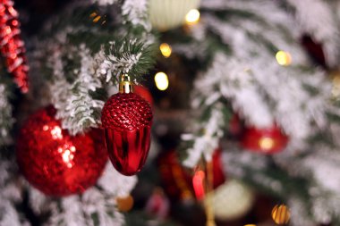 Noel ağacı süslemeleri, kırmızı kozalak ve ağaçtaki toplar, yakın plan. Yeni yıl ağacının dekoru. - Mutlu yıllar. Şenlik havası. Altın parlak top. Yeni Yıl ve Noel