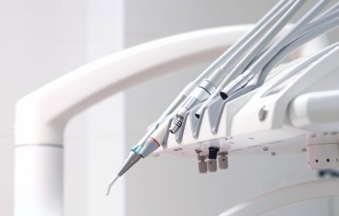 Dişçi aletleri, ortodontist işyeri. Diş ipuçları. Diş tedavisi için bir takım aletler. Klinikteki diş teçhizatı, yakın plan. Aletler. Ağız temizliği kavramı. Dişçinin işyeri, hafif ofis.