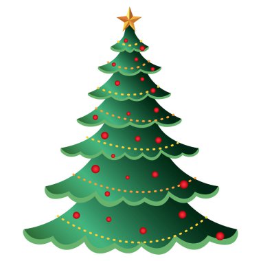 Yeşil Noel ağacı. Madalyalı yeni yıl ağacı. Mutlu Noeller ve mutlu yıllar.