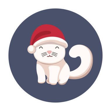 Cat in Santa Claus hat. Cute cat in red Christmas hat. Vector illustration of pet ready for holiday. New Year and Christmas concept. Cute happy kitten clipart