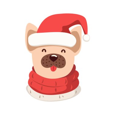 Dog in Santa Claus hat. Bulldog in red scarf and colorful Christmas hat. Vector illustration of domestic puppy ready for holiday. New Year and Christmas concept. Cute happy puppy clipart