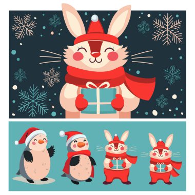 Vektör elementlerin Noel koleksiyonu. Yeni yıl kostümlü şirin hayvanlar. Kırmızı Yeni Yıl şapkalı penguenler ve tavşanlar. Pençelerinde bir hediyeyle gülümseyen tavşan. Noel konsepti