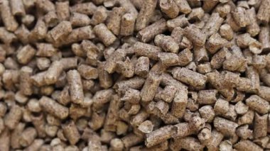 Kedi tuvaleti için ahşap dolgu maddesi, üst manzara. Evcil hayvanlar için hijyenik doldurucu bir yığın içine dökülür. Baskılı ahşap, büyük granüller. Peletler. Tahta granül yığını. Köpekler, kediler, evcil kemirgenler için doldurucu. Doku
