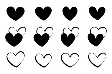 Siyah kalpler seti, beyaz bir arka planda farklı şekillerde şekillendirilmiş kalpler. Sevgililer Günü için kalpler. Vektör çizimi. Aşk ve düğün sembolleri