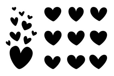 Siyah kalpler seti, beyaz bir arka planda farklı şekillerde şekillendirilmiş kalpler. Sevgililer Günü için kalpler. Vektör çizimi. Aşk ve düğün sembolleri