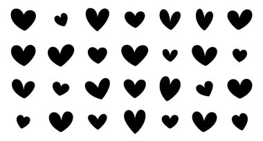 Siyah kalpler seti, beyaz bir arka planda farklı şekillerde şekillendirilmiş kalpler. Sevgililer Günü için kalpler. Vektör çizimi. Aşk ve düğün sembolleri