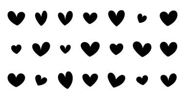 Siyah kalpler seti, beyaz bir arka planda farklı şekillerde şekillendirilmiş kalpler. Sevgililer Günü için kalpler. Vektör çizimi. Aşk ve düğün sembolleri