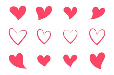 Pembe kalpler seti, arka plandan izole edilmiş farklı şekillerde stilize kalpler. Sevgililer Günü kalpleri. Vektör çizimi. Aşkın, aşkın ve evliliğin sembolleri.