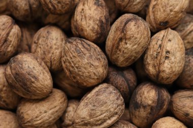 Kabuklu ceviz yığını, yakın çekim, üst manzara. Sağlıklı beslenme. Hasat, tarım. Cevizler, seçici odak, arka plan