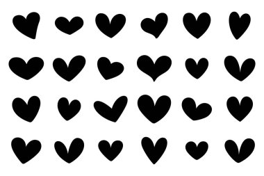 Siyah kalpler seti, farklı şekillerde farklı kalpler arka planda izole edilmiş. Sevgililer Günü kalpleri. Vektör çizimi. Aşkın, aşkın ve evliliğin sembolleri.