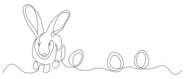 Easter bunny and eggs, one continuous line drawing. Easter illustration with a bunny. Vector illustration of a rabbit in black line isolated from the background. Hare and egg vector design clipart