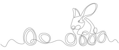 Paskalya tavşanı ve yumurtalar, aralıksız çizilen bir çizgi. Tavşanlı Paskalya çizimi. Beyaz arka planda siyah çizgili tavşanın vektör çizimi. Tavşan ve yumurta vektör tasarımı