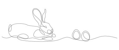 Paskalya tavşanı ve yumurtalar, aralıksız çizilen bir çizgi. Bir tavşanla Paskalya çizimi. Arka plandan izole edilmiş siyah çizgili bir tavşanın vektör çizimi. Tavşan ve yumurta vektör tasarımı