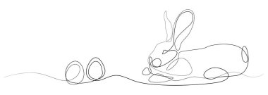 Paskalya tavşanı ve yumurtalar, aralıksız çizilen bir çizgi. Bir tavşanla Paskalya çizimi. Arka plandan izole edilmiş siyah çizgili bir tavşanın vektör çizimi. Tavşan ve yumurta vektör tasarımı