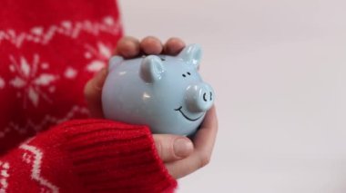 Domuz kumbarası kadınların elinde, yakın plan. Mavi domuz kumbarası, tasarruf ve finansal planlama kavramı. Kumbarası olan kazaklı bir kadın gelecek için para topluyor. Şirin domuz kumbarasının yakın çekimi.