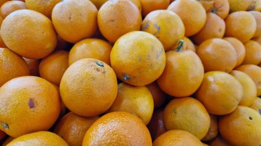 Süpermarkette satılık portakallar. Turunçgil meyveleri, seçici odaklı yakın plan. Dükkandaki portakallar. Olgun, sulu, parlak portakal meyveleri. C vitamini ile zenginleştirilmiş meyveler