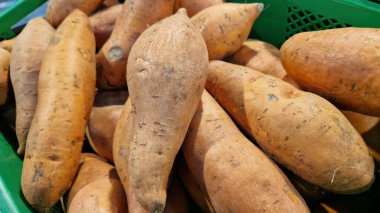 Dükkanda tatlı patates var. Market bölümünde tatlı patatesler. Markette plastik kutuda tatlı patates. Lezzetli ve sağlıklı yemekler.