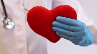 Kalp bir doktorun ellerindedir. Bir kardiyologun ellerinde yumuşak bir kalp. Tıbbi eldiven giymiş bir doktorun elinde oyuncak kırmızı bir kalp bulunur. Kalp atışını taklit eder, yakın plan. Nabız