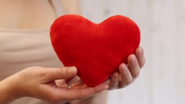 Oyuncak kalp kızın ellerinde. Yumuşak yumuşak bir kalp kadının ellerinde, yakın plan. Sevgililer Günü hediyesi, aşkın sembolü. Duygular ve ruh hali. Aşkın sembolü olarak kalp. Oyuncak kırmızı yumuşak kalp