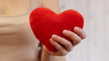 Oyuncak kalp kızın ellerinde. Yumuşak yumuşak bir kalp kadının ellerinde, yakın plan. Sevgililer Günü hediyesi, aşkın sembolü. Duygular ve ruh hali. Aşkın sembolü olarak kalp. Oyuncak kırmızı yumuşak kalp