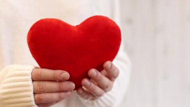 Oyuncak kalp kızın ellerinde. Yumuşak yumuşak bir kalp kadının ellerinde, yakın plan. Sevgililer Günü hediyesi, aşkın sembolü. Duygular ve ruh hali. Aşkın sembolü olarak kalp. Oyuncak kırmızı yumuşak kalp
