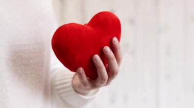 Oyuncak kalp kızın ellerinde. Yumuşak yumuşak bir kalp kadının ellerinde, yakın plan. Sevgililer Günü hediyesi, aşkın sembolü. Duygular ve ruh hali. Aşkın sembolü olarak kalp. Oyuncak kırmızı yumuşak kalp