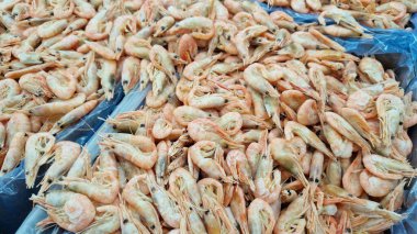 Süpermarkette ya da markette dondurulmuş karides, yakın plan. Deniz ürünleri. Bir sürü dondurulmamış karides.