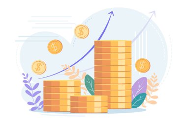 Yükseklik, yan görüş, finansal konsept ve finansal yatırım yığınları, hisse senedi ve iş hacminin artması. Kârın vektör çizimi, paranın başarılı yatırımı. Dolar işareti