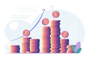 Yükseklik, yan görüş, finansal konsept ve finansal yatırım yığınları, hisse senedi ve iş hacminin artması. Kârın vektör çizimi, paranın başarılı yatırımı. Dolar işareti