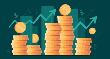 Yükseklik, yan görüş, finansal konsept ve finansal yatırım yığınları, hisse senedi ve iş hacminin artması. Kârın vektör çizimi, paranın başarılı yatırımı. Dolar işareti