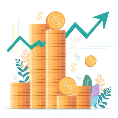 Yükseklik, yan görüş, finansal konsept ve finansal yatırım yığınları, hisse senedi ve iş hacminin artması. Kârın vektör çizimi, paranın başarılı yatırımı. Dolar işareti