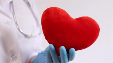 Bir kardiyologun ellerinde yumuşak yumuşak bir kalp. Tıbbi eldivenler içindeki doktorun elinde oyuncak kırmızı bir kalp var, yakın plan. Kalp bir doktorun ellerindedir. Sağlık ve Tıp Konsepti