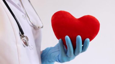 Bir kardiyologun ellerinde yumuşak yumuşak bir kalp. Tıbbi eldivenler içindeki doktorun elinde oyuncak kırmızı bir kalp var, yakın plan. Kalp bir doktorun ellerindedir. Sağlık ve Tıp Konsepti