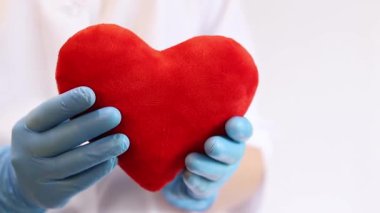 Doktorun ellerinde kırmızı peluş kalp. Kardiyoloji. Tıbbi eldivenler içindeki doktorun elinde oyuncak yumuşak bir kalp var. Yakın plan. Kalp doktorun ellerinde. Sağlık ve Tıp Konsepti
