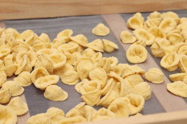 Orecchiette, bir çeşit İtalyan makarnası. İtalya 'da yaygın olan meşhur Apulian orekşisinin tanıtımı. Taze makarna çeşitleri. Küçük kulaklı İtalyan makarnası. El yapımı orkestra makarna.