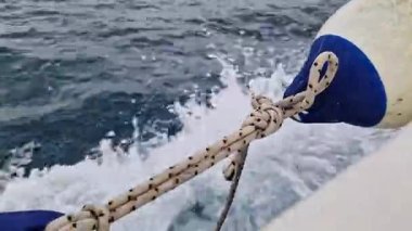 Teknenin yan tarafına bağlı bir tekne tamponu. Deniz çamurluğu ya da tekne tamponu. Deniz gezisi. Suç ortağı. Denizde hızlı tekne gezisi, deniz spreyi. Deniz çamurlukları. Bir tekne ya da yelkenli için plastik çamurluk