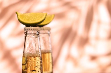 Arka planda limonlu bira şişesi. Limonlu bira şişesine yakın çekim, seçici odaklanma. Tazeleyici içecek. Tatil ve tatil konsepti. Palmiye yaprağı gölgesi ve birası olan duvar
