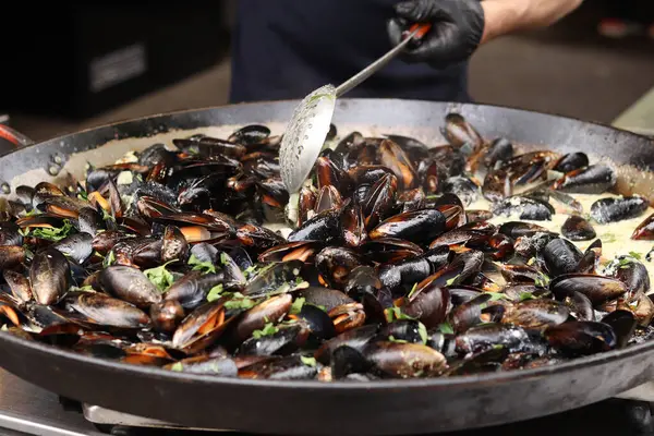 Büyük bir tavada maydanozlu ve soslu midye. Yemek katı. Sokak yemeği. Kabuklu midyeler kızartma tavasında otlarla pişiriliyor. Bir markette sosta pişirilmiş midyeler. Deniz ürünleri tabağı pişiriyorum.