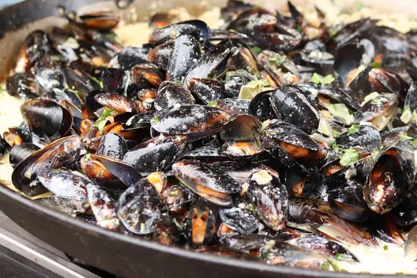 Büyük bir tavada maydanozlu ve soslu midye. Yemek katı. Sokak yemeği. Kabuklu midyeler kızartma tavasında otlarla pişiriliyor. Bir markette sosta pişirilmiş midyeler. Deniz ürünleri tabağı pişiriyorum.