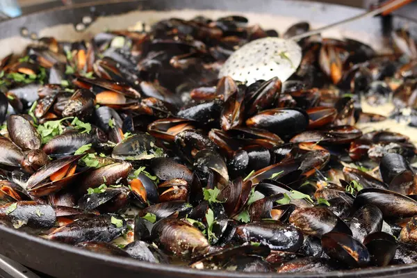 Büyük bir tavada maydanozlu ve soslu midye. Yemek katı. Sokak yemeği. Kabuklu midyeler kızartma tavasında otlarla pişiriliyor. Bir markette sosta pişirilmiş midyeler. Deniz ürünleri tabağı pişiriyorum.