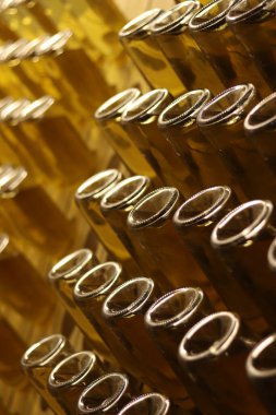 Karbonatlı elma şırası üretimi. Seçici bir odak noktası olan elma şarabıyla dolu cam şişeler. Bardakta iç. Şişe içinde özel ahşap raflarda elma şarabı fermantasyonu.