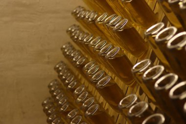 Karbonatlı elma şırası üretimi. Seçici bir odak noktası olan elma şarabıyla dolu cam şişeler. Bardakta iç. Şişe içinde özel ahşap raflarda elma şarabı fermantasyonu.